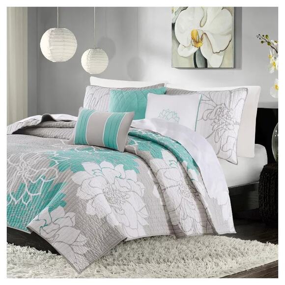 Madison Park Other - Madison  Park Reversible Floral 6 Piece Coverlet Set Aqua & Gray Full / Queen
